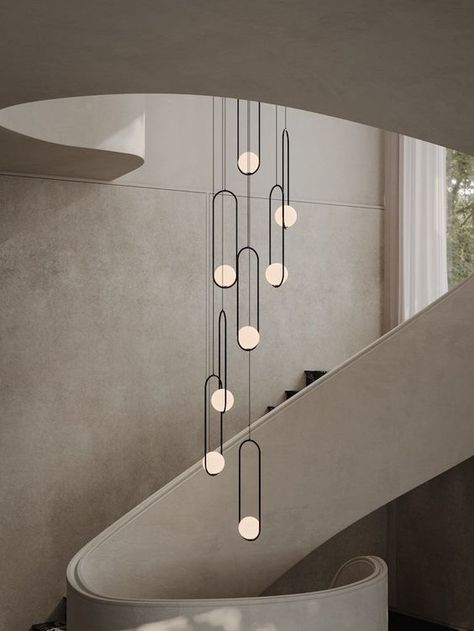 Pendant Lighting Hallway Stairs, Stairs Chandelier Modern, Staircase Pendant Lights, Staircase Chandelier Modern Farmhouse, Modern Stairwell Lighting, Mezzanine Lighting Ideas, Long Hanging Lights Stairs, Light Fixture Stairwell, Modern Stair Chandelier