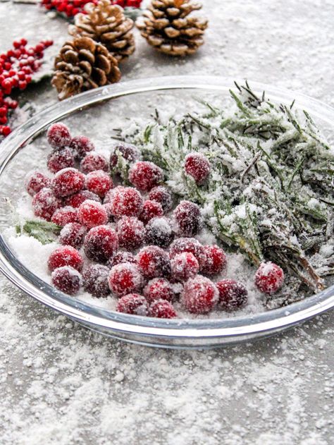 Sugared Berries How To Make, How To Sugar Rosemary, Salty Christmas Food, Cheesecake With Sugared Cranberries, How To Candy Cranberries, Sugar Rosemary Sprigs, Sugared Rosemary And Cranberries, Sugar Frosted Cranberries, Desserts With Rosemary