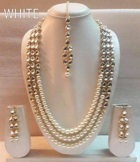 Pearl Kundan Multi Strands Gold Plated Indian Traditional Wedding Jewelry Set Pearl Layered Necklace, Mang Tika, Traditional Wedding Jewellery, Fancy Jewelry Necklace, Kundan Jewelry, Pearl Jewelry Design, Pearl Necklace Designs, Beaded Necklace Designs, Layered Necklace Set