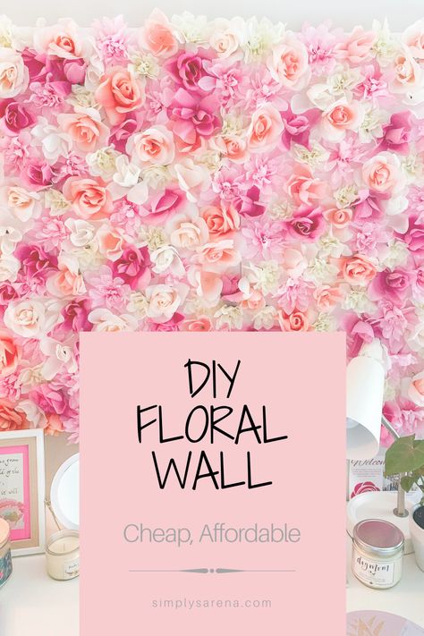 DIY Floral Wall Mural. This Floral Wall is cheap, affordable, and all supplies are from the Dollar Tree! It's perfect decor for a bedroom, kids room, home office, etc. This Floral Wall was super easy to make and only took a couple hours! Home Office Flower Wall, Rose Wall Bedroom Decor, Affordable Photo Backdrop, Flower Feature Wall Bedroom, Roll Up Fabric Flower Wall, How To Do A Flower Wall Backdrop, Flower Wall Girls Bedroom, Diy Backdrop Flowers, Rose Wall Decoration