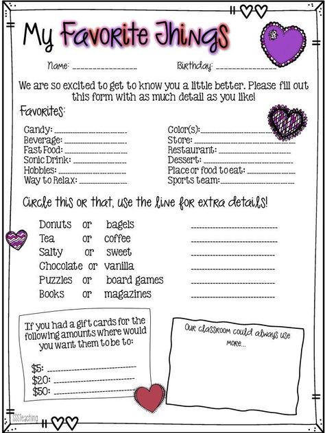 Teacher Questionnaire, Teacher Morale, Staff Morale, Teacher Treats, Teacher Favorites, Staff Motivation, Staff Appreciation, Teacher Printable, Teacher Appreciation Week