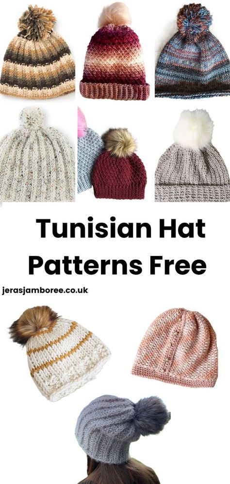 montage of different designs of Tunisian Crochet Hats Tunisian Crochet Hat, Tunisian Crochet Projects, Tunisian Crochet Free, Double Ended Crochet, Crochet Hat Patterns, One Skein Crochet, Tunisian Crochet Pattern, Tunisian Crochet Patterns, Hat Patterns Free