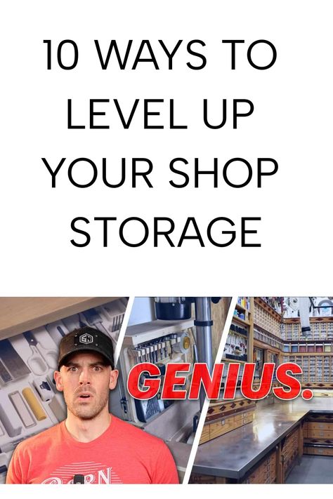 10 ways to level up your shop storage; reaction of a surprised man with a well-organized workshop. Dremel Storage Ideas, Work Shop Organization, Wood Shop Organization, Organizing Workshop, Mechanics Shop Organization, Shop Organization Ideas, Shop Layout Ideas, Custom Tool Boxes, Woodworking Workshop Layout