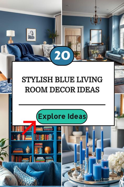 Stylish blue living room with elegant furniture, bookshelves, and decorative candles.