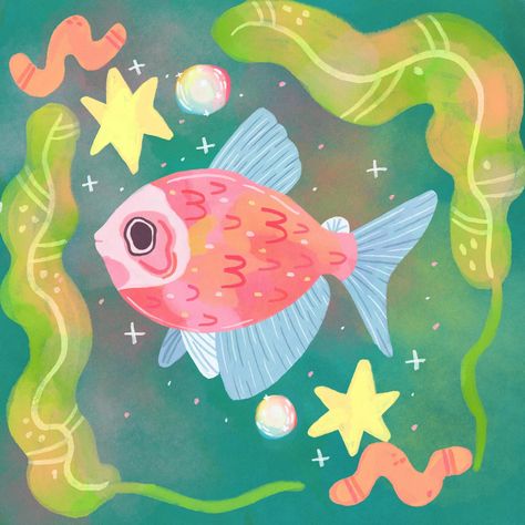 🐠🪱🫧 Art Studio Illustration, Cute Fish Illustration, Colourful Sketches, Doodle Bops, Fall Posters, Notion Header, Whimsical Fish, Colourful Fish, Fish Drawing