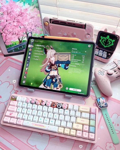 Ipad Gaming Aesthetic, Ipad Gaming Setup, Gaming Laptop Aesthetic, Genshin Impact Room, Keyboard Aesthetic, Genshin Impact Aesthetic, Apple Ipad Accessories, Cute Ipad Cases, Custom Ipad