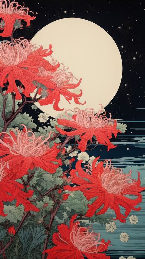 Traditional japanese wood block print illustration of isolated red spider lily againts night sky flower outdoors nature. | premium image by rawpixel.com / Ling Wallpaper Japanese, Wood Block Print, Lily Wallpaper, Red Spider Lily, Spider Lily, Red Spider, Japanese Drawings, Japanese Art Prints, Traditional Japanese Art