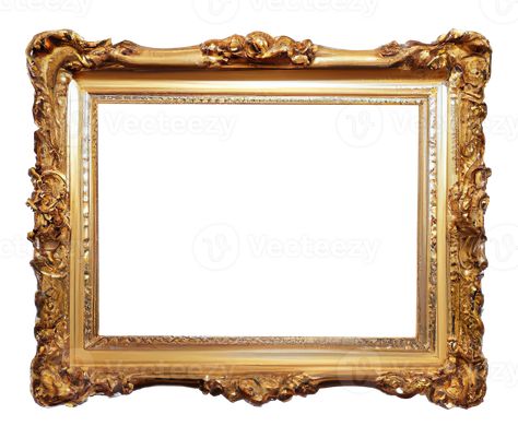 Blank old antique gold picture frame. Vintage Golden Frame, Old Frame Drawing, Vintage Gold Picture Frames, Vintage Gold Frames, Vintage Frame Png, Simple Gold Frame, Gold Framed Art, Fancy Frames, Vintage Gold Frame