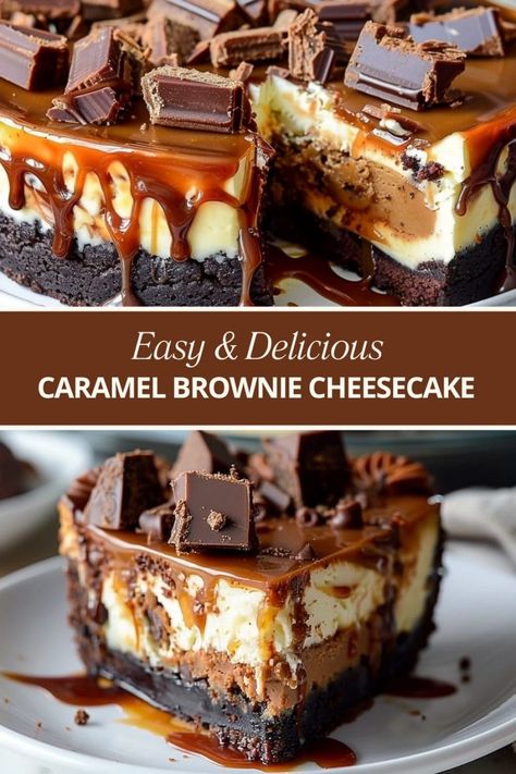 Caramel Brownie Cake, Salted Caramel Chocolate Cheesecake Cake, Blueberry Brownie Cheesecake, Cool Cheesecake Recipes, Salted Caramel Brownie Cheesecake, Caramel Brownie Cheesecake Recipe, Triple Layer Cheesecake, Valentines Day Cheesecake Ideas, Salted Caramel Cheesecake Brownies