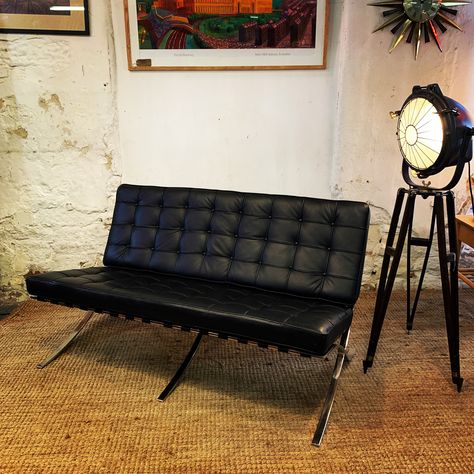 Barcelona Style 2 Seater Sofa| Vinterior Sent to Harpenden, GB Barcelona Couch, Gentlemans Room, Famous Furniture, Black Leather Couch, Barcelona Style, Living Room Redesign, Vintage Sofas, Couches For Sale, Ludwig Mies Van Der Rohe