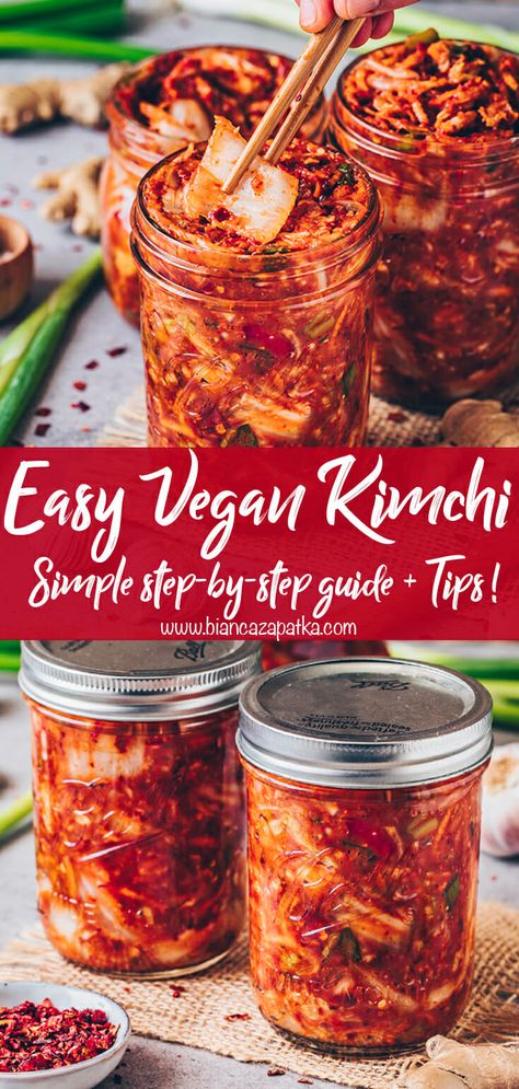 Vegan Kimchi Recipe, Vegan Kimchi, Chinese Kool, Fermented Kimchi, Korean Side Dishes, Kimchi Recipe, Fermentation Recipes, Fermented Vegetables, Cabbage Recipes