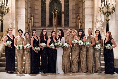 Roaring 20's wedding black + gold bridesmaid dresses at Palmer House in Chicago, Illinois. Brought to life by Florist- Stemline Creative, Planner- Citygirl Weddings and Photographer- Kent Drake. Black Ivory And Gold Wedding Bridesmaid Dresses, Bridesmaid Dresses Black And Gold, Gatsby Wedding Bridesmaids Dresses, Black Gold Bridesmaid Dresses, Winter Wedding Bridesmaid Dresses Black, Black And Gold Bridal Party Attire, Black And Gold Wedding Theme Bridesmaid Dresses, Black And Gold Bridesmaids, Black Gold And White Wedding Theme Bridesmaid Dresses