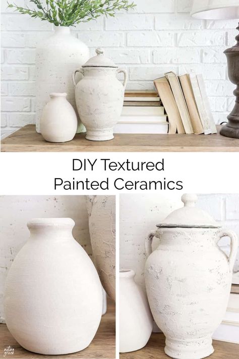 Do you have old ceramic vases around that no longer fit your style? These DIY textured painted ceramics are a great idea to consider. Ceramic Rustic Vase, Diy Paint Ceramic Vase, Plastering Vases, Textured Vase Decor, Painting Ceramic Vases Diy, Diy Vintage Pot, Painting Old Vases, Textured Pots Diy, Diy White Vase