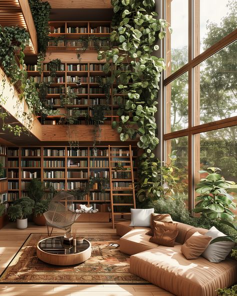 Study Room And Library, Houses With Lots Of Plants, Library With Plants Aesthetic, Library And Plants, Library Reading Aesthetic, Bookshelf With Plants Aesthetic, Library Room At Home, Dream Library Aesthetic, Books Room Ideas