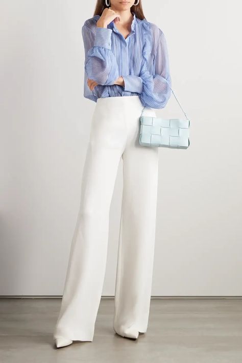 Burberry Shirt Women, Silk Shirt Outfit, Chiffon Pants, Branded Outfits, Blue Outfit, Chiffon Shirt, Business Casual Outfits, White Outfits, Silk Shirt