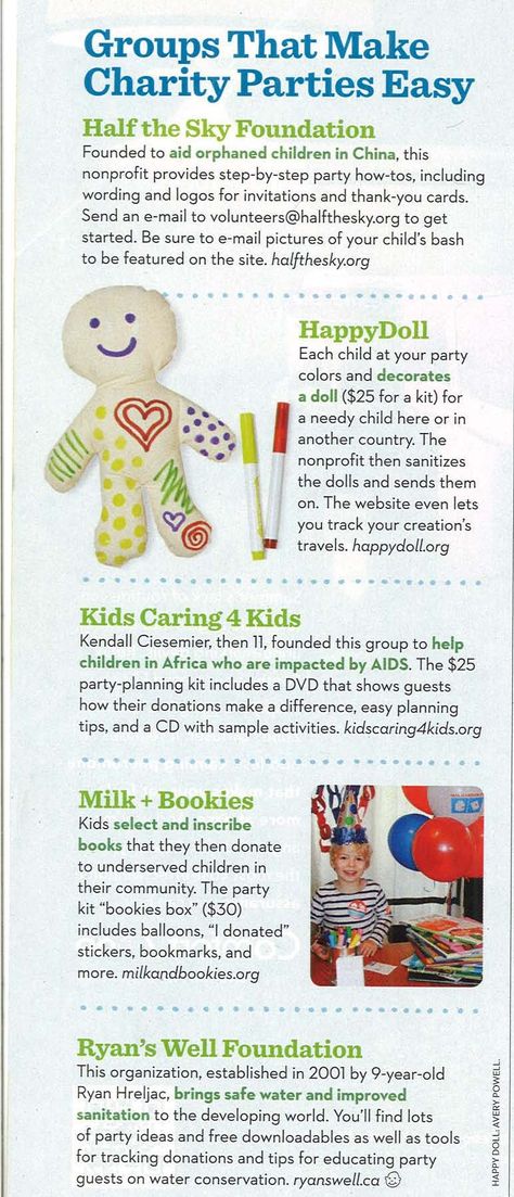 charity birthday party ideas (parents magazine) Charity Birthday Party Ideas, Charity Activities, Tikkun Olam, Charity Party, Charity Ideas, Kindness Activities, Girl Bday Party, Operation Christmas, Show Me The Way