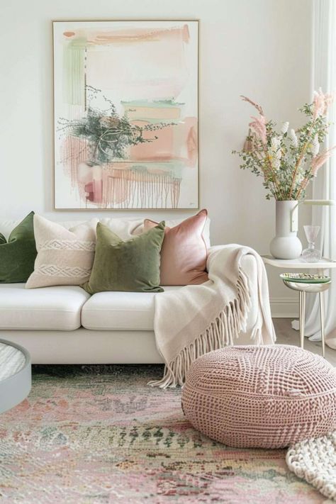 Pink Aesthetic Interior Design, Sage And Blush Room, Sage And Pink Decor, Colorful Wall Decor Ideas, Green And Pink House Decor, Home Decor Ideas 2024 Trends, Sage And Pink Living Room, Pink And Green Interior Design, Home Decor Ideas Green