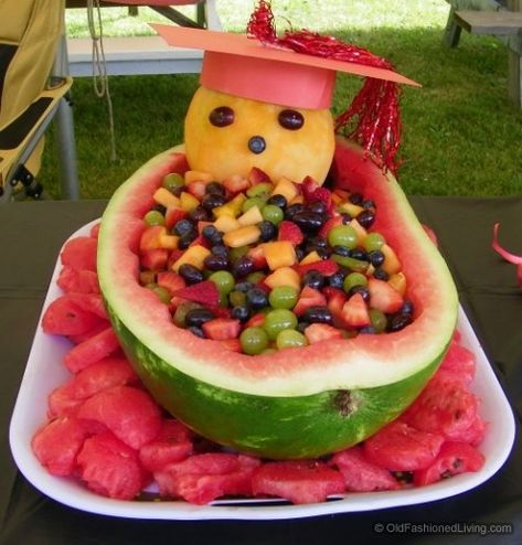 Watermelon Carving Ideas for Parties – Slick Housewives Watermelon Carving Ideas, Fruit Kabob, Watermelon Basket, Graduation Food, Senior Graduation Party, Graduation Party Foods, Graduation Party High, Graduation Open Houses, Graduation Party Planning