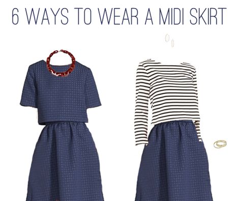 What to Wear: 1 Navy Midi Skirt, 6 Outfits Navy Blue Skirt Outfits Summer, Navy Blue Midi Skirt Outfit, Navy Midi Skirt Outfit, Navy Blue Skirt Outfits, Aline Skirt Outfit, Navy Skirt Outfit, Navy Blue Midi Skirt, Midi Rock Outfit, Blue Skirt Outfits