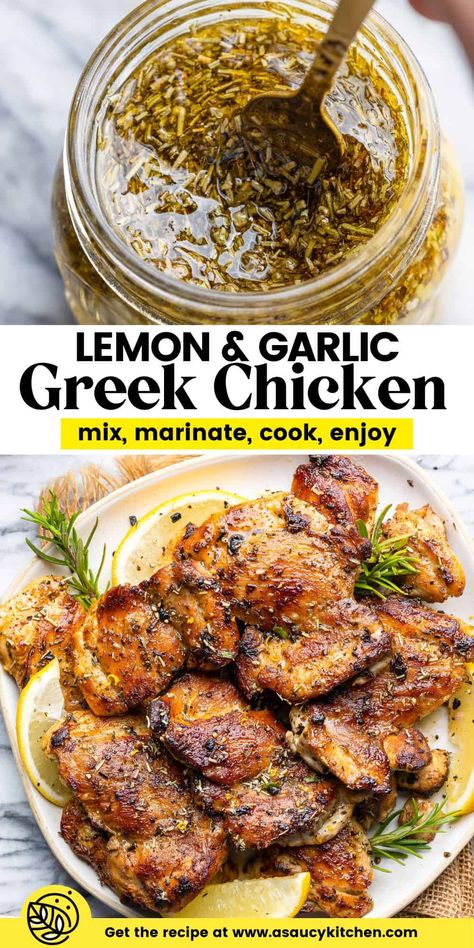 Simple ingredients and classic Greek flavors make for a mouthwateringly delicious marinade you can whip up in no time! Made with bright and zesty lemon, punchy garlic and a few herbs and spices. You'll love this easy Greek Marinated Chicken recipe! Chicken With Herbs, Greek Marinated Chicken, Greek Chicken Marinade, Mediterranean Recipes Healthy, Marinated Chicken Recipes, Mediterranean Diet Recipes Dinners, Greek Chicken Recipes, Greek Lemon Chicken, Greek Flavors