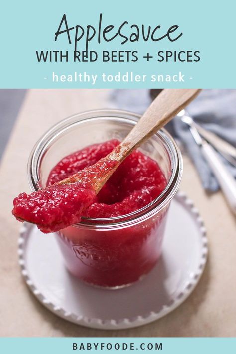 This beet applesauce is our new go to snack! It's healthy. It's yummy. It's pink! Apples and beets simmered together with the cloves, cinnamon and a dash of ginger to make pink magic happen. Healthy, delicious pink magic that picky eater toddlers love to eat and moms love to serve. Enjoy this pink magic for breakfast, in school lunch, or as a snack! #applesauce #snacks Beet Applesauce, Toddler Picky Eater, Baby Lunch, Baby Meals, Healthy Toddler Snacks, Toddler Recipes, Baby Recipes, Pink Magic, Weaning Recipes