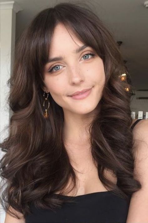 #brunette #salon #curtainbangs #curls #hair #beauty #makeup #trends #fashion Brown Hair For Green Eyes, Dark Brown Hair Pale Skin, Brunette Hair Pale Skin, Brown Hair Pale Skin, Chocolate Balayage, Brunette Hair Color Ideas, Cool Brown Hair, Pale Skin Hair Color, Rich Brown Hair