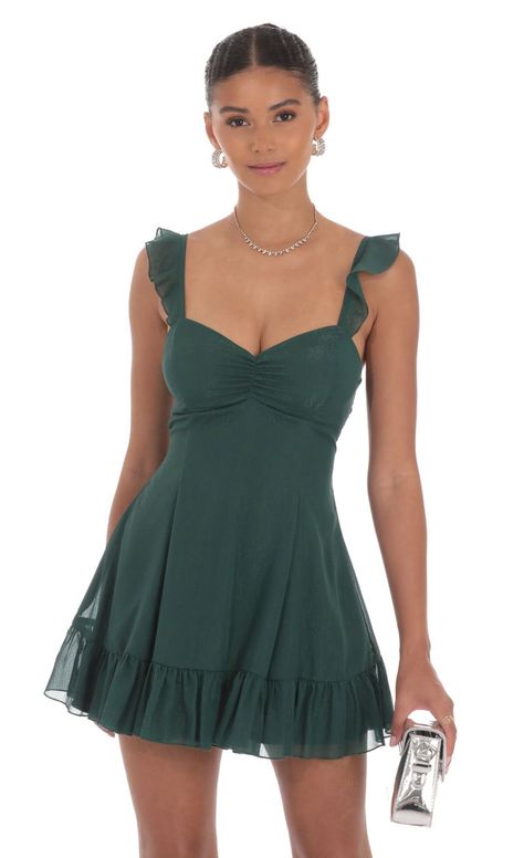 Shimmer Chiffon Ruffle Strap Dress in Green | LUCY IN THE SKY Graduation Dress Green Short, Boho Hoco Dress Short, Dresses Semi Formal Short, Band Banquet Dresses, Homecoming Dresses Forest Green, Hoco Dress Ideas 2024, Fall Hoco Dress, Hoco Dresses Thick Straps, Frat Formal Dresses