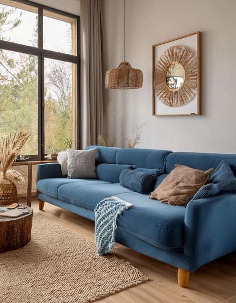 Rustic Charm Blue Decor In Living Room, Blue Sofa Scandinavian Living Room, Family Room With Blue Couch, Blue Couch Rustic Living Room, Small Living Room Ideas Blue Couch, Blue Couch Interior Design, Modern Blue Sofa Living Room, Interior Design Living Room Blue Couch, Small Living Room Blue Sofa