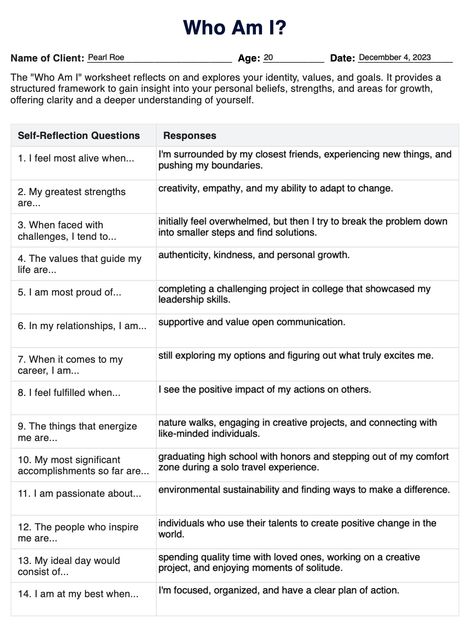 Who Am I Worksheet & Example | Free PDF Download Adlerian Group Therapy Activities, Who Am I Therapy Activity, Self Assessment Questions, Emotion Worksheet For Adults, Self Care In Recovery, Core Beliefs Cbt Worksheet, How To Know Who I Am, Wellness Recovery Action Plan Worksheets, Self Help Worksheets Printables Free