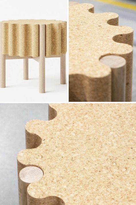 Cork Furniture Design, Furniture Leg Design, Cork Furniture, Stools Design, Cork Stool, Sustainable Furniture Design, Raw Furniture, Stackable Furniture, Cork Design