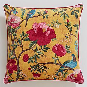 Cushions | Living Room & Bedroom | Kaleidoscope Floral Cushion Covers, Chinoiserie Style, Gold Cushions, Floral Cushions, Flower Bird, Vibrant Flower, Velvet Cushions, Yellow Background, Bird Prints