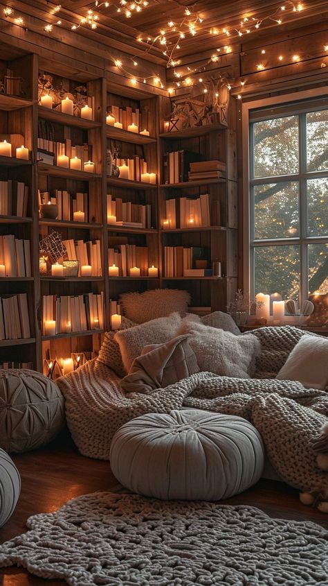 Download 'Cozy Reading Nook' - A tranquil reading space with soft bean bags illuminated by twinkling fairy lights, offering comfort and warmth. - Get this free stock photo and more high-quality images on StockCake. No attribution required. Dark Cozy Reading Corner, Small Room Nook Ideas, Dark Nook Ideas, Small At Home Library Ideas, Reading Aesthetic Library, Funky Reading Nook, Comfy Library Room, Cozy Hangout Room Small Spaces, Writing Room Ideas Cozy