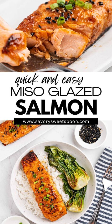 This Miso Glazed Salmon is a combination of succulent salmon with rich, savory miso, creating a flavorful Japanese-inspired dish that's ridiculously easy to whip up. The delicate, flaky salmon is broiled until the outside is beautifully crisp and the inside is perfectly moist. Miso salmon is your ticket to a fancy dinner in less than 30 minutes! Miso Salmon Recipe, Miso Glazed Salmon, Miso Recipe, Miso Salmon, Salmon Glaze Recipes, Sauce For Salmon, Miso Glaze, Broiled Salmon, Marinated Salmon