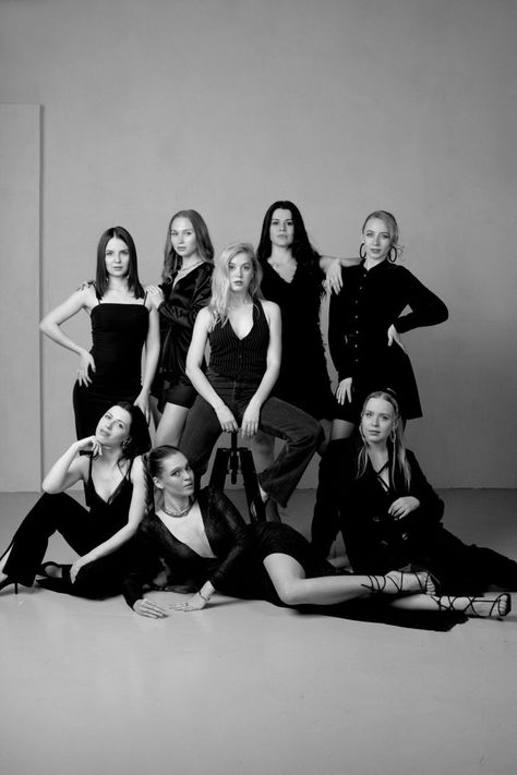 All Black Team Photoshoot, Vogue Group Photoshoot, Black And White Group Photoshoot, Moody Group Photoshoot, Large Group Photo Poses, 10 People Group Photo, Large Group Poses, Professional Group Photos, Sorority Photoshoot