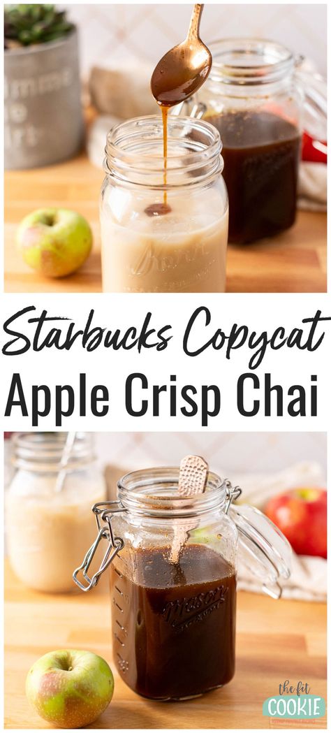 Apple Chai Syrup and Apple Crisp Chai Chai Honey Recipe, Starbucks Hot Caramel Apple Cider, Spiced Apple Tea Starbucks, Apple Pie Iced Coffee, Chai Tea Starbucks Recipe, Starbucks Apple Crisp Syrup, Apple Cider Chai Tea, Apple Pie Chai Tea, How To Make Chai Tea Concentrate