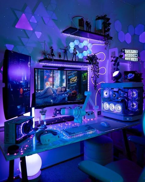 Gaming Room Setup Purple, Purple Gaming Set Up, Purple Gaming Aesthetic, Purple Gaming Setup, Purple Gaming Room, Couple Gaming Room Setup, Video Game Room Ideas, Gaming Room Setup Ideas, Room Setup Ideas