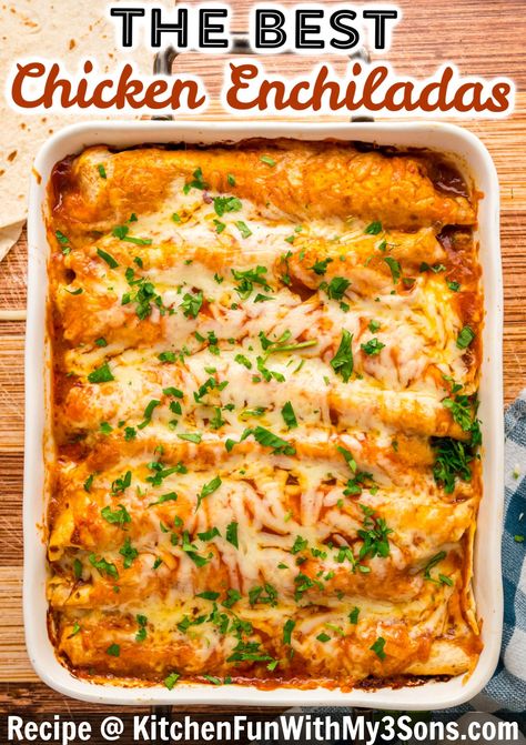 With a seasoned shredded chicken and cheese filling and red enchilada sauce, this Easy Chicken Enchiladas recipe packs in the Tex-Mex flavor with just a handful of ingredients. Make-ahead instructions included! #texmexrecipes #mexicanrecipes Costco Chicken Enchilada Recipe, Easy Mexican Enchiladas, Kraft Enchiladas Chicken, Easy Chicken Enchilada Recipes, Quick Enchiladas Chicken, Red Enchilada Recipe Chicken, Chicken And Cheese Enchiladas Easy, Chicken Enchiladas With Refried Beans, Easy Chicken Enchilada Recipe Red Sauce