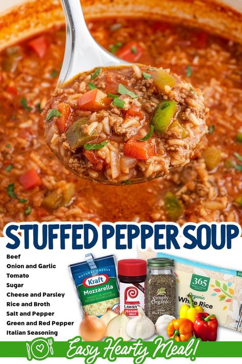 If you’re in the mood for a heartwarming, belly-filling meal, look no further than this stuffed pepper soup recipe. Tomatoes, bell peppers, and herbs give the soup tons of great flavors, while ground beef and rice make it hearty enough to be a meal on its own. Stuff Pepper Soup Recipe Stovetop, Stuffed Bell Pepper Soup, Bell Pepper Soup, Ground Beef And Rice, Soup With Ground Beef, Homemade Soup Recipe, Stuffed Pepper, Pepper Soup, Crockpot Soup Recipes