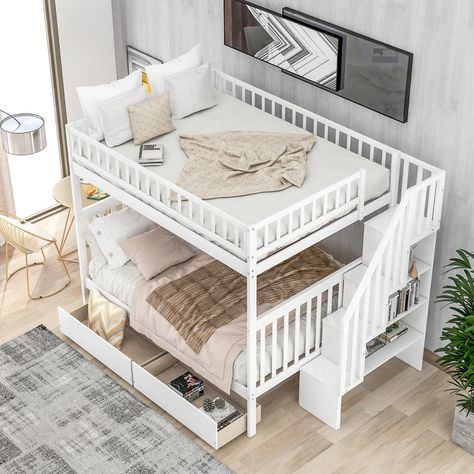 This full over full bunk bed can accommodate 4 people at the same time, making full use of space. Founder's shape does not waste any space. In addition, the added drawers and storage can accommodate many items. Space Saving Bunk Bed, Stairway Bunk Beds, Convertible Bunk Beds, Full Size Bunk Beds, Wood Bunk Bed, Solid Wood Bunk Beds, Shelves Wood, Bed Frame With Drawers, Bunk Beds With Drawers