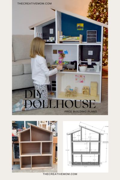 DIY Dollhouse with free building plans - The Creative Mom Giant Dollhouse Diy, Doll House Suitcase Ideas, Wooden Doll House Plans, Free Dollhouse Plans, Barbie Diy House Ideas, Wood Dollhouse Diy, Diy Wooden Barbie House, How To Build A Barbie Doll House, Build Dollhouse Diy