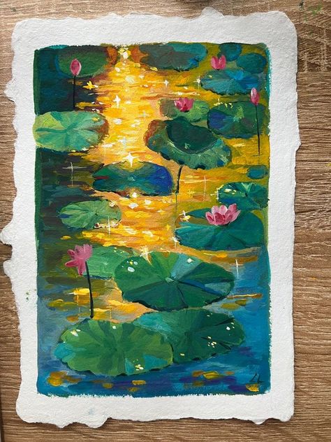 Original gouache painting- Water lily in the sunset- Water lilies art- Lotus art- Botanical art Nature Art- Floral Painting - Housewarming -  #Art #Botanical #Floral #Gouache #Housewarming #Lilies #Lily #Lotus #Nature #Original #Painting #Sunset #Water Hand In Water Painting, Acrylic On Watercolor Paper, Water Lily Acrylic Painting, Gouache Water Painting, Water Coloring Art, Lily Pads Painting, Water Coloring Painting Ideas, Simple Gouache Painting, Lily Pad Painting