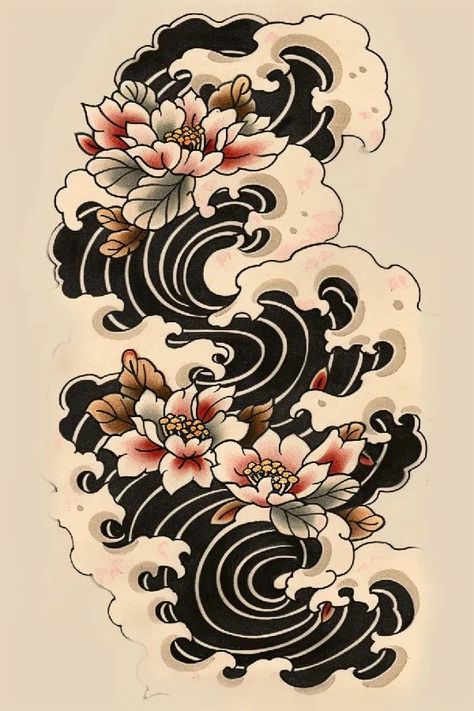 Tattoo idea: tattoo sketch A traditional Japanese wave pattern with 9 Black Japanese Traditional Tattoo, Japanese Trad Tattoo Design, Front Thigh Tattoos Traditional, Japanese Traditional Patchwork Tattoo, Japanese Tattoo Filler Ideas, Sleeve Tattoos Waves, Traditional Japanese Tattoos Back, Traditional Tattoo Art Japanese, Women Japanese Tattoo