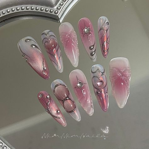 xiaohongshu nails, chinese trendy nails, korean trendy nails, long nails, nail inspo inspiration, nail tech, nail tutorial, cute nails, pretty nails, nail art, birthday nails, kpop nails, trendy nails, nail art, 3d nails Pink Nails Design Butterfly, Silver Nails Butterfly, Creative Wedding Nails, Sailor Moon Themed Nails, Pink Ethereal Nails, Press On Sets, Hmong Nails, Pink Holographic Nail Designs, Nail Designs Long Almond