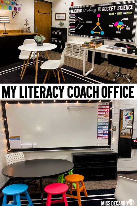 Reading Specialist Literacy Coach, Teachers Office Ideas, Literacy Coach Office, Reading Teacher Classroom, Reading Specialist Classroom, Instructional Coach Office, Teacher Bookshelf, Classroom Decor Reading, Reading Intervention Classroom