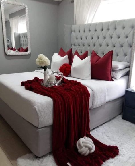 Red And Grey Bedroom Ideas, Gray Bedroom Ideas With Pop Of Color, Grey Bedroom Ideas With Pop Of Color, Silver Bedroom Decor, Drunk Games, Red Bedroom Decor, Silver Bedroom, Classy Bedroom, White Look