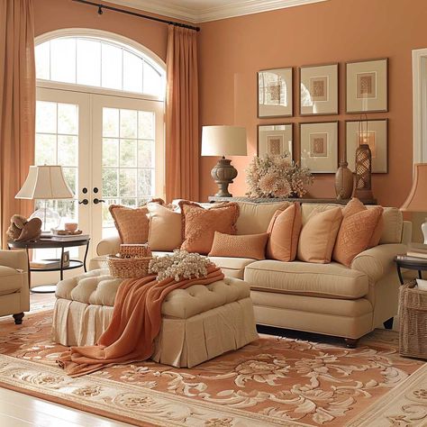 Warm Room Designs with Peach and Cinnamon Color Schemes • 333+ Art Images Coral Living Room Walls, Peach Walls Living Room, Coral Living Room Decor, Peach Living Room Decor, Peach Living Room, Coral Living Room, Peach Living Rooms, Silver Living Room Decor, Peach Room