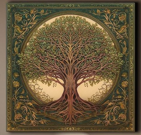 Yggdrasil Painting Canvas Print, Tree of Life Mandala, Celtic Wall Art, Natural Earthy Tones, Symbolic Wall Décor, Norse Mythology Art - Etsy - Google Chrome Trade Aesthetic, Tree Of Life Aesthetic, Ancient Celtic Aesthetic, Yggradsil Tree, Celtic Painting, Yggdrasil Art, Norse Mythology Aesthetic, Celtic Art Irish Painting, Norse World Tree