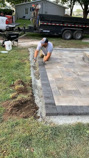 Perfect paver restraints every time 💪🏼 #landscaping #diy #howto #pavers #easymoney #patio Mixed Patio Pavers, Pergola On Paver Patio, Rocks Around Concrete Patio, Nantucket Pavers Patio, Raised Paver Patio Ideas, Patio Pavers Design Layout Fire Pits, Concrete Block Patio Ideas, Hardscape Patio Ideas, How To Lay Patio Pavers Diy