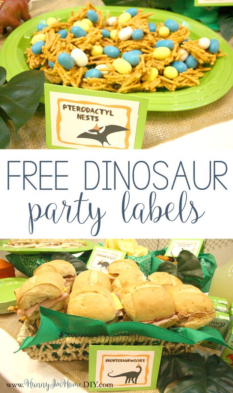 Visit hunnyimhomediy.com to check out my dinosaur birthday party and get access to free printable dinosaur party food labels. Dino Birthday Party Food Dinosaur Snacks, Dinosaur Party Food Labels, Dinosaur Birthday Party Food, Dinosaur Party Food, Dinosaur Birthday Theme, Park Party, Printable Food, Party Food Labels, Birthday Dinosaur