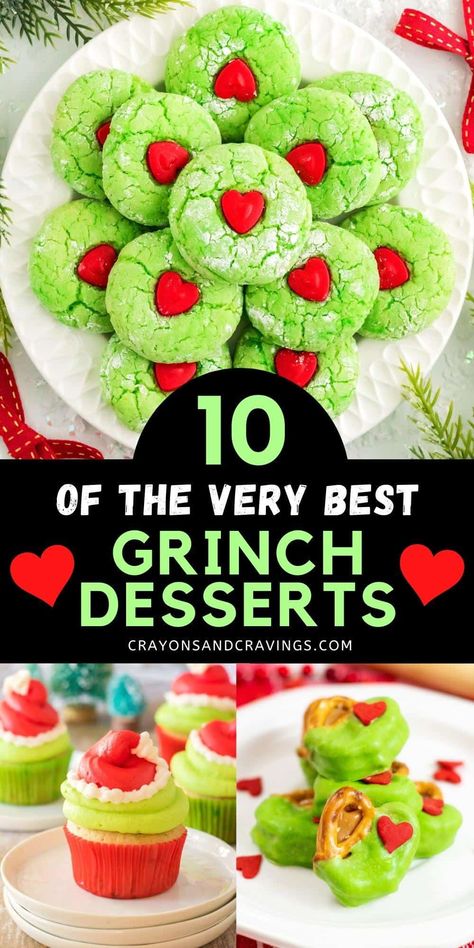 The best Grinch desserts and treats for your Grinch-themed Christmas party or movie night! 10 easy recipes from cookies to cupcakes and more! #grinch #grinchparty #grinchrecipes #grinchdesserts Grinch Christmas Recipes Food Ideas, Christmas Grinch Cupcakes, Grinch Party Desserts, Grinch Day Treats, Grinch Christmas Bark, Green Christmas Desserts, Grinch Theme Treats, The Grinch Desserts, Easy Grinch Desserts